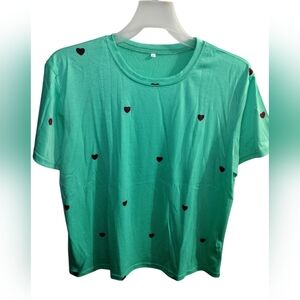 CB Casual Green Top with Black Heart Accents